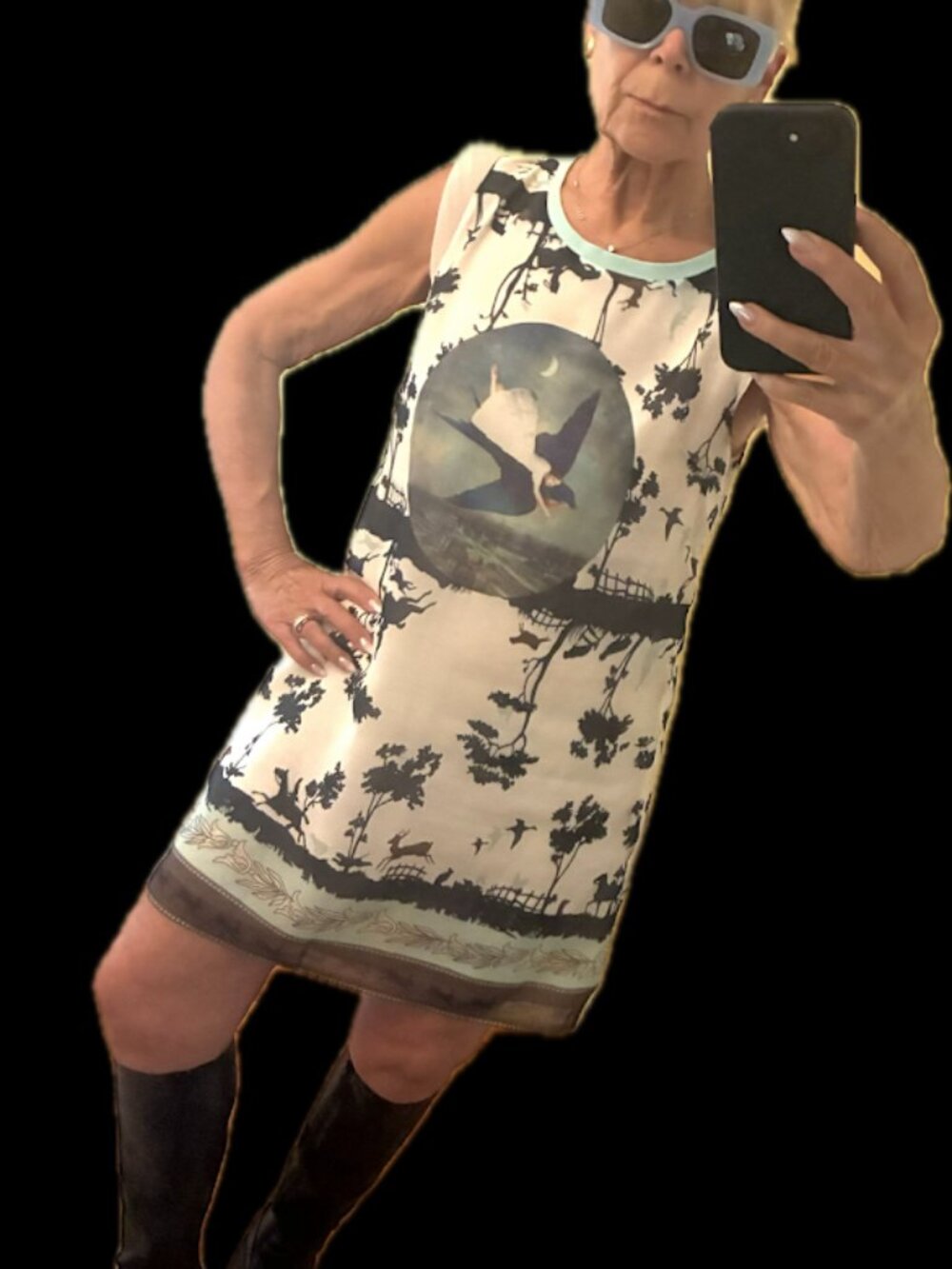 La Chapelle Sport Blue Bird Scenic Print Sleeveless Shift Dress Tunic Size Med